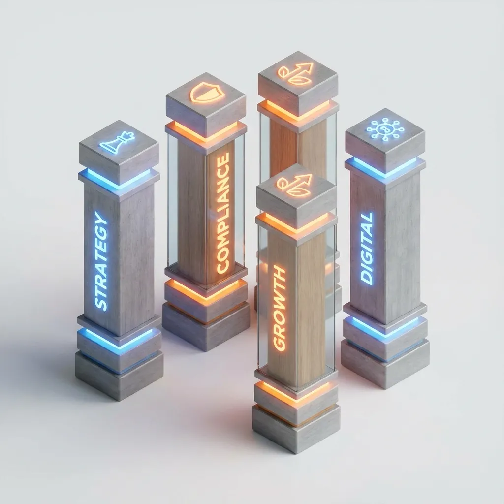 Four core pillars of excellence: Strategy, Compliance, Digital-Native, and Growth Scalability